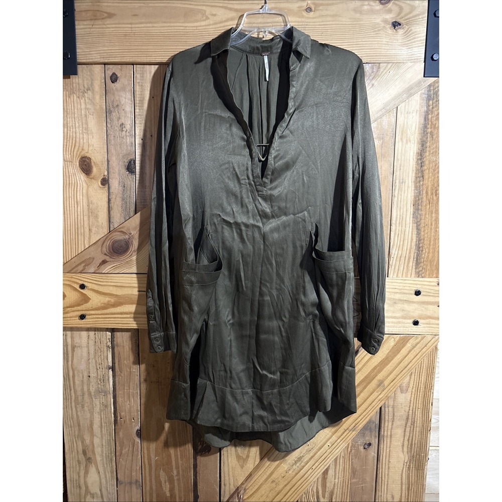 Free People Bad Habit Mini MIDI Dress Silky Boho V-Neck Tier Pockets Baggy XS